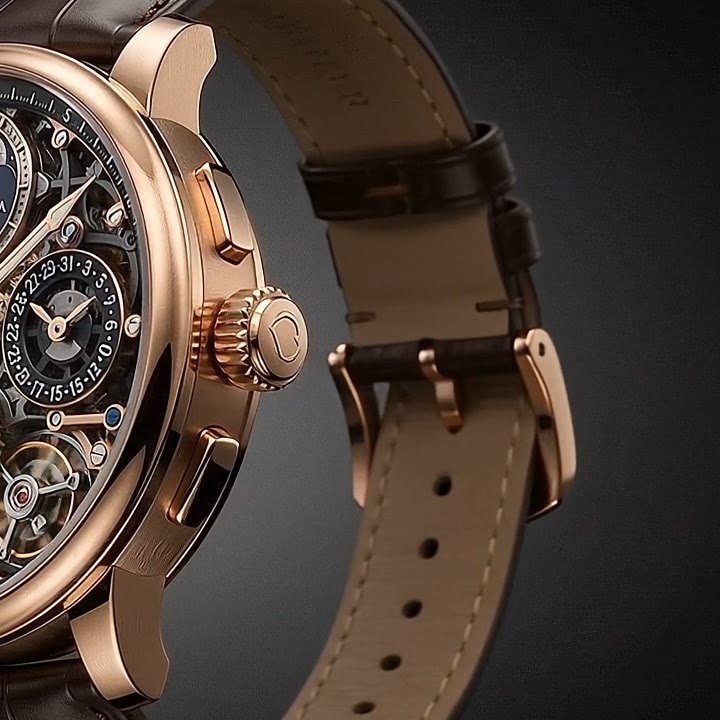 The fluted rose gold crown and hand-stitched alligator strap